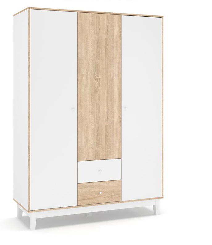 Тридверна шафа Глорія Мебель Сервіс 150 см біла з буковими ніжками та шухлядами