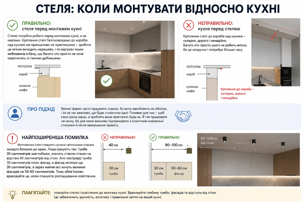 Інфографіка про монтаж стелі та кухні: правильна послідовність робіт, помилки встановлення освітлення та відстані від стіни для кухонних шаф
