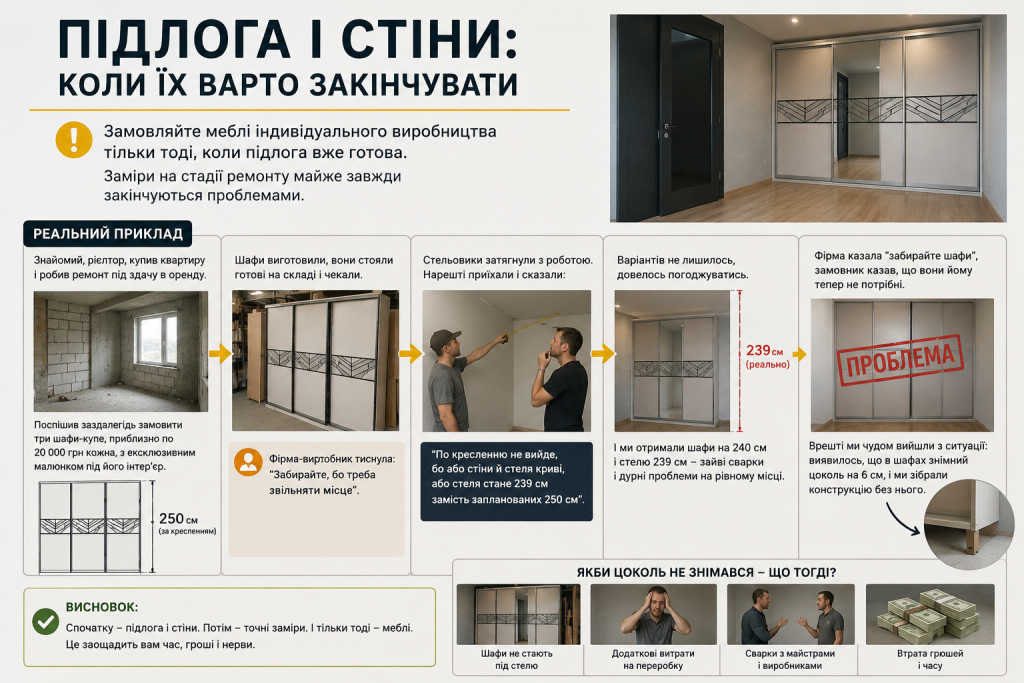 Інфографіка про послідовність ремонту: чому меблі слід замовляти після завершення підлоги та стін, приклад із шафою-купе та помилками замірів