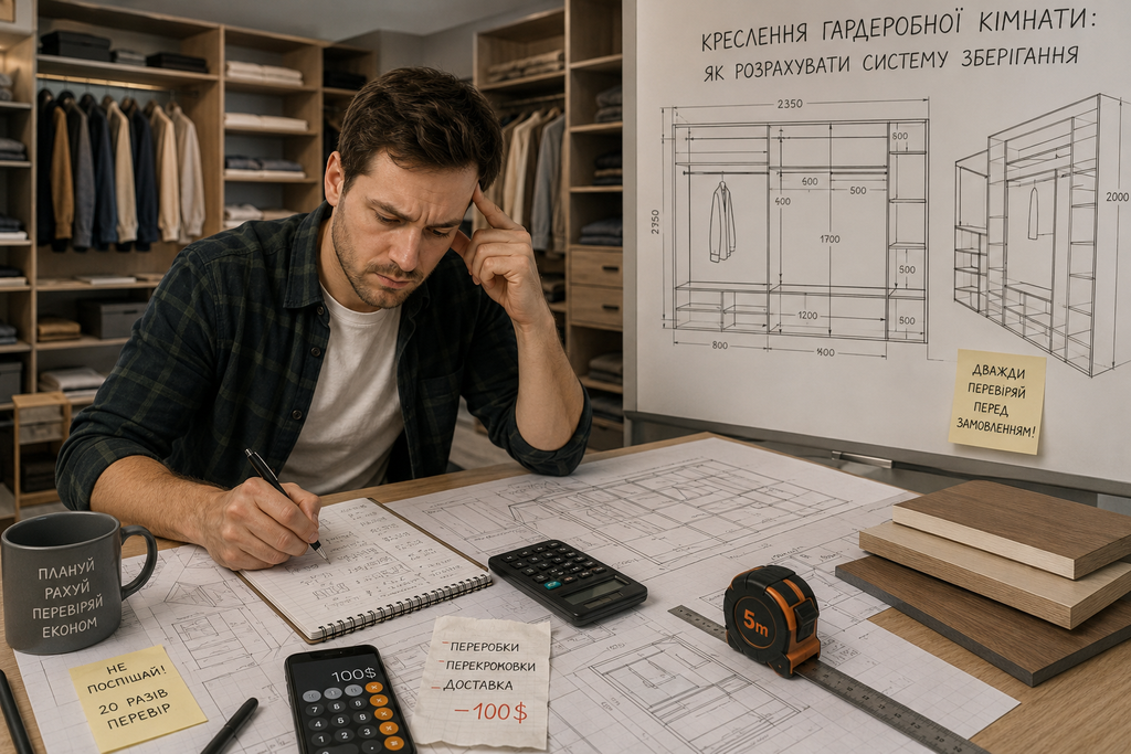 Детальне креслення гардеробної кімнати з розмірами полиць, секцій і елементів системи зберігання, підготовлене для точного розрахунку матеріалів перед замовленням ЛДСП.