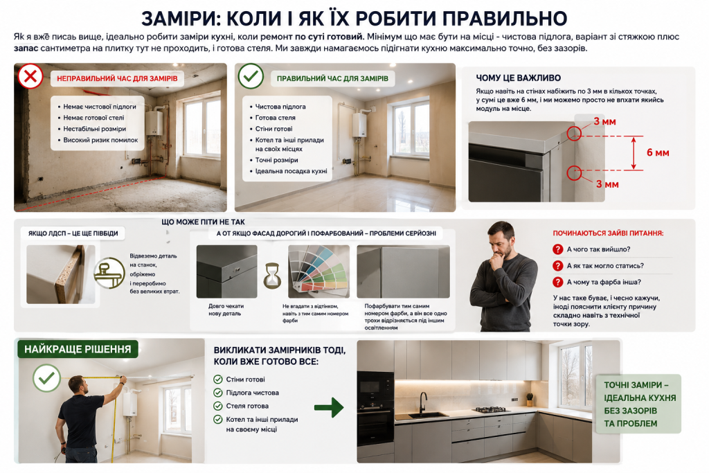 Інфографіка про заміри кухні: коли правильно робити заміри, типові помилки під час ремонту та чому важлива готова підлога, стіни і стеля