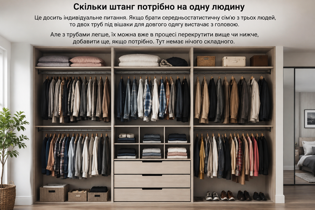 Набір інструментів і фурнітури для самостійної збірки гардеробної: акумуляторний шуруповерт, свердла, біти, рулетка, рівень, столярний кутник, молоток, струбцини, конфірмати та полкотримачі.