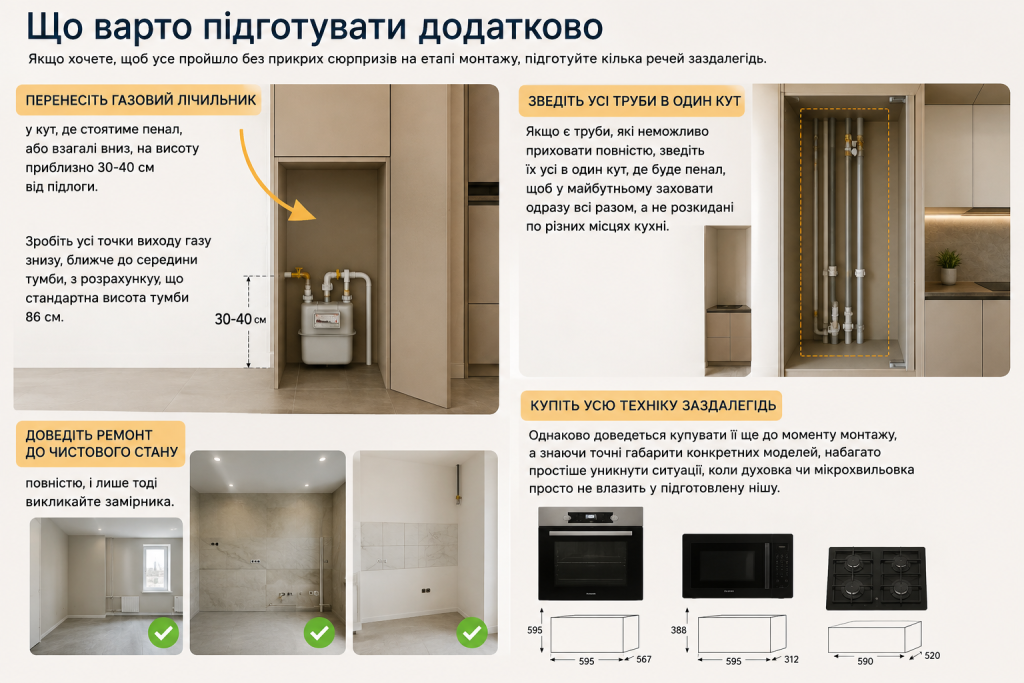 Інфографіка про підготовку до монтажу кухні: перенесення газового лічильника, організація труб, завершення ремонту та купівля техніки заздалегідь