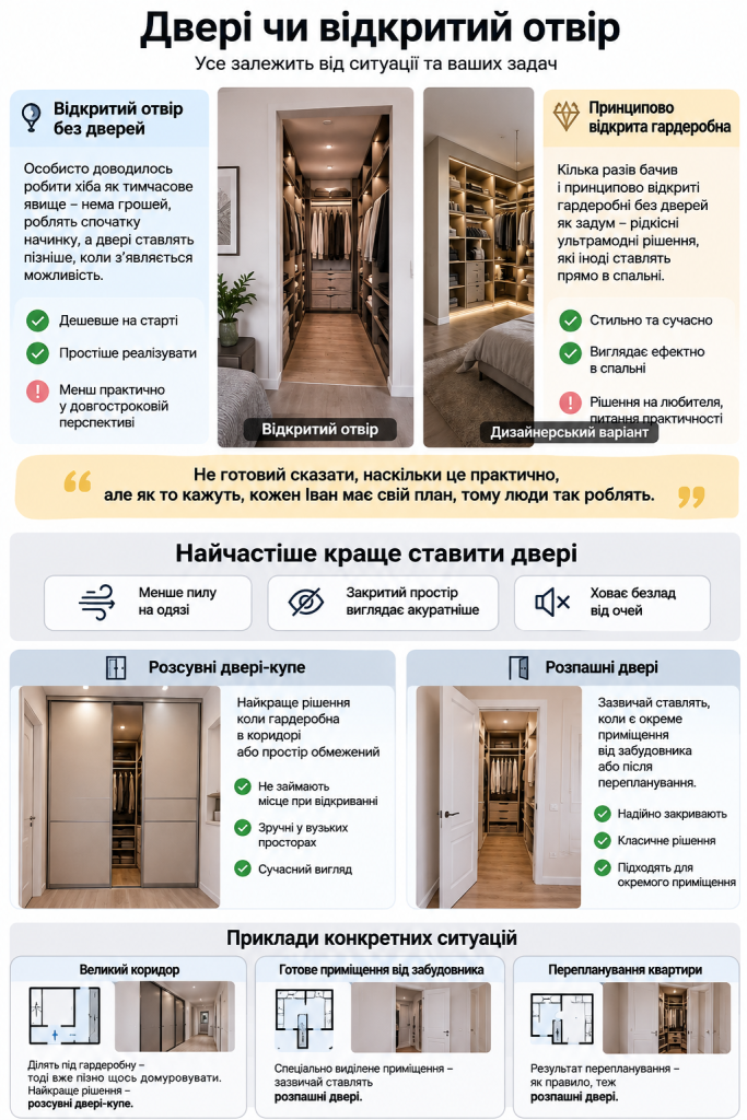 Інфографіка про вибір дверей для гардеробної: розсувні купе, розпашні двері та приклади конкретних ситуацій розташування