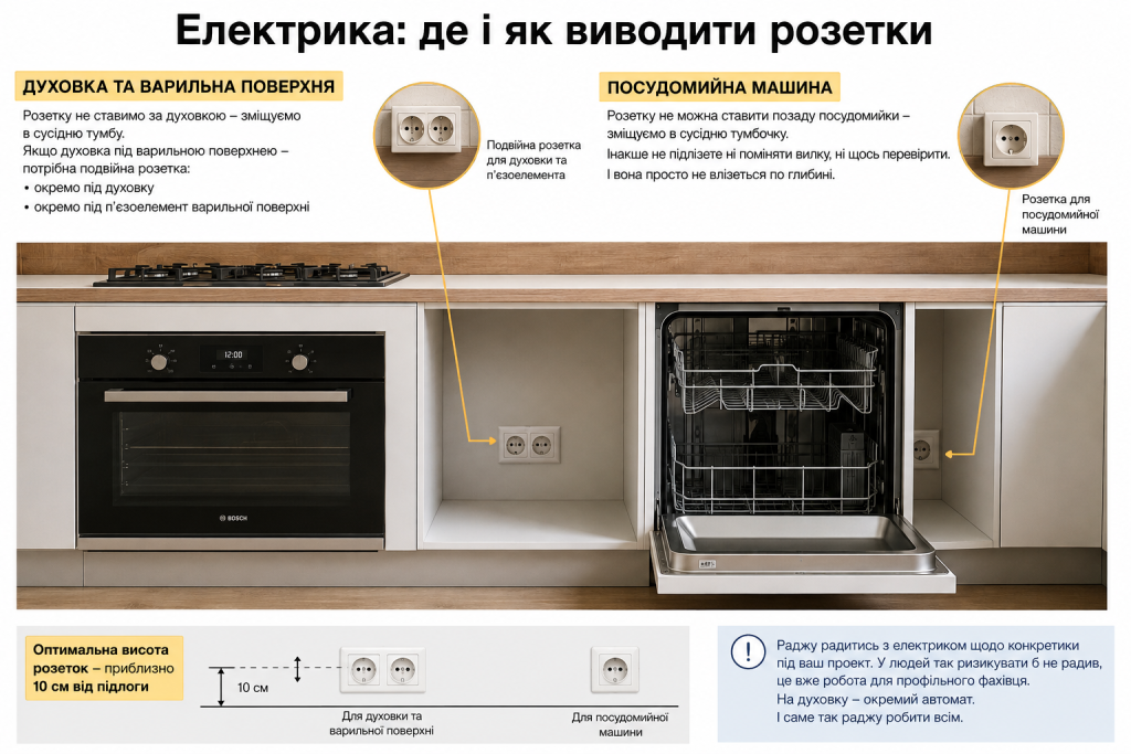 Розташування кухонних розеток під духовку та посудомийку: схема з висотою монтажу