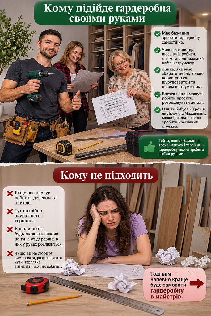 Інфографіка: кому підійде зробити гардеробну своїми руками, а кому краще замовити в майстрів
