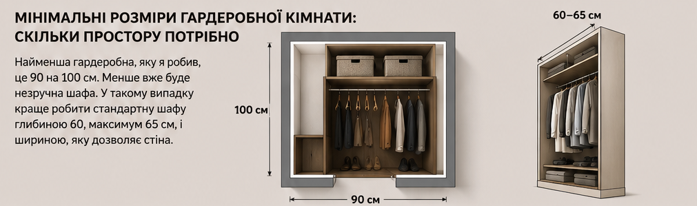 Мінімальні розміри гардеробної кімнати 90 на 100 см з розкладкою полиць і штанги