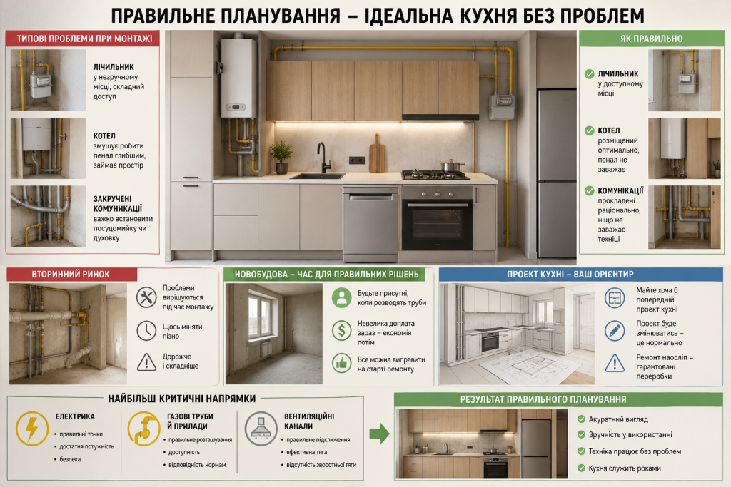 Інфографіка про правильне планування кухні на етапі ремонту: типові проблеми з лічильником, котлом і комунікаціями та як їх уникнути