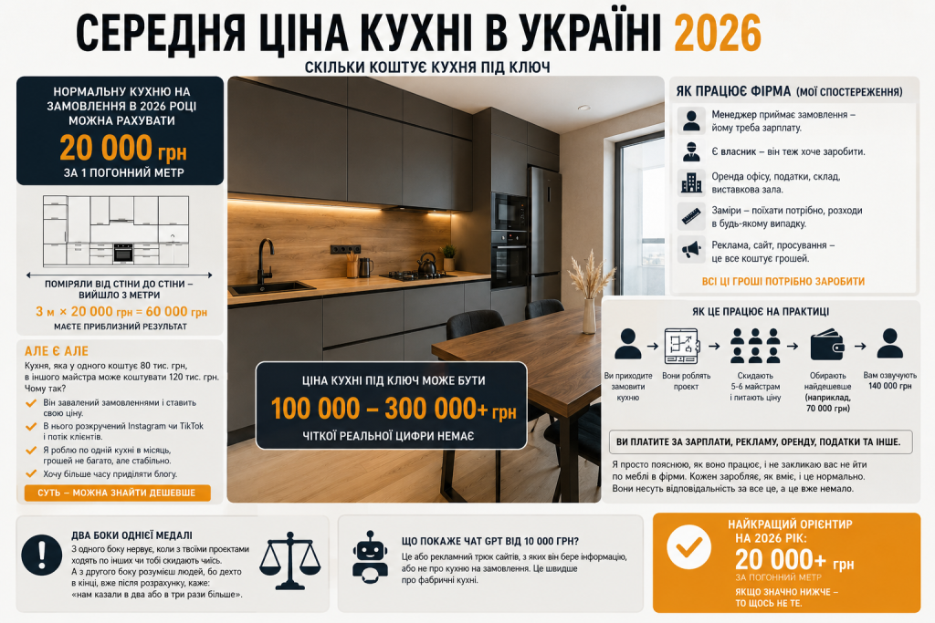 Середня ціна кухні в Україні у 2026 році та вартість кухні під ключ