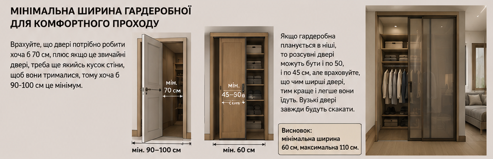 Мінімальна ширина дверей гардеробної: 70 см розпашні, 45-50 см розсувні в ніші