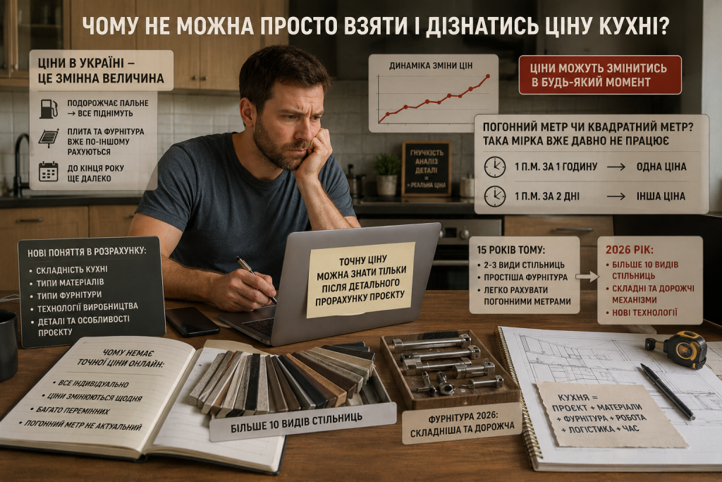 Чому не можна просто назвати точну ціну кухні: ціни на матеріали, фурнітуру та складність проєкту у 2026 році