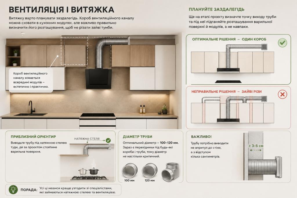Інфографіка про вентиляцію та витяжку на кухні: правильне і неправильне розташування короба, діаметр труби 100-120 мм