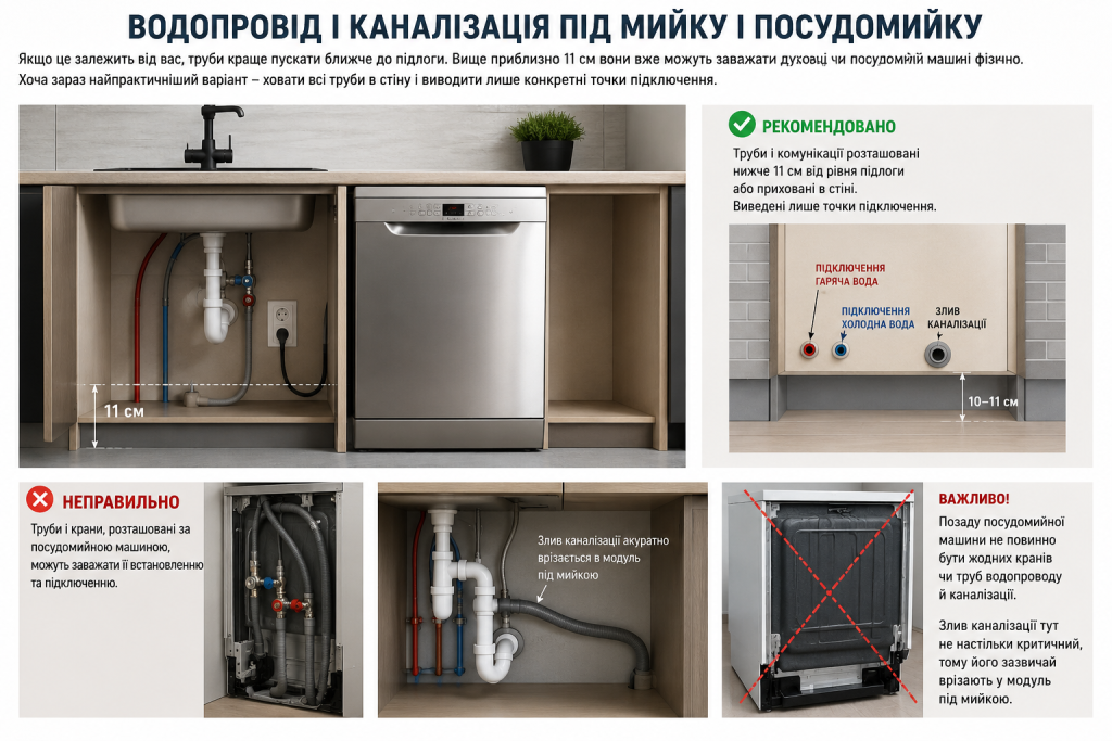 Розташування труб водопроводу та каналізації під мийку і посудомийку на кухні