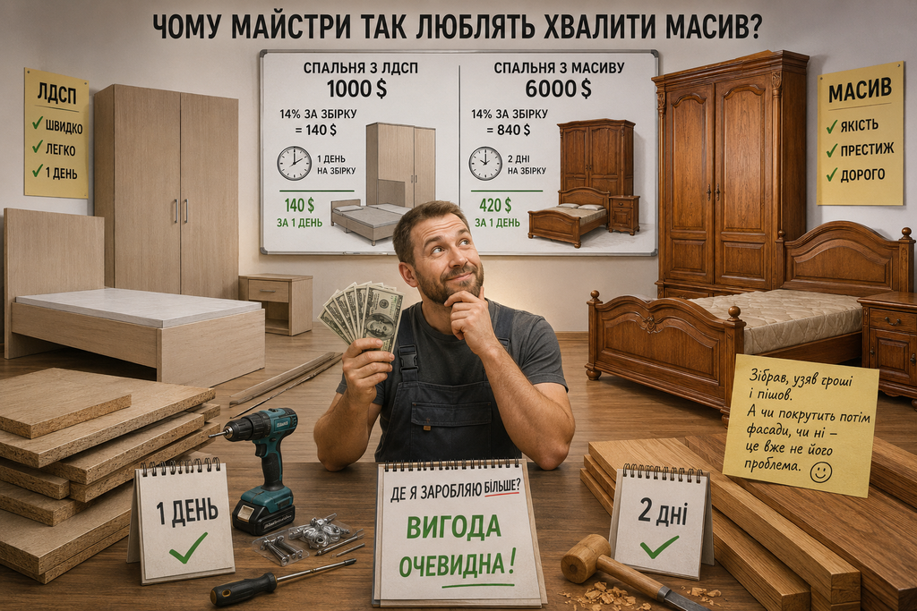 Порівняння заробітку майстра на збірці спальні з ЛДСП та з масиву дерева — чому майстри хвалять масив