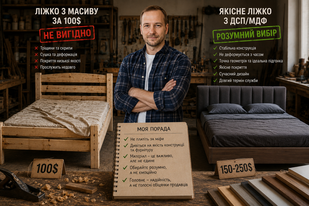 Порівняння ліжка з масиву дерева за 100 доларів та якісного ліжка з ДСП/МДФ — майстер меблів пояснює переваги ДСП