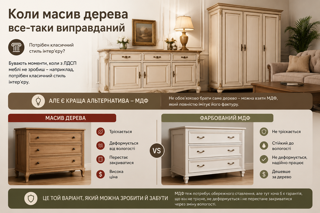 Порівняння комода з масиву дерева та фарбованого МДФ — коли масив дерева виправданий вибір для класичного інтер'єру