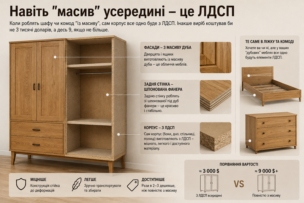Конструкція шафи з масиву дуба всередині — фасади з масиву, задня стінка з фанери, корпус з ЛДСП, порівняння вартості