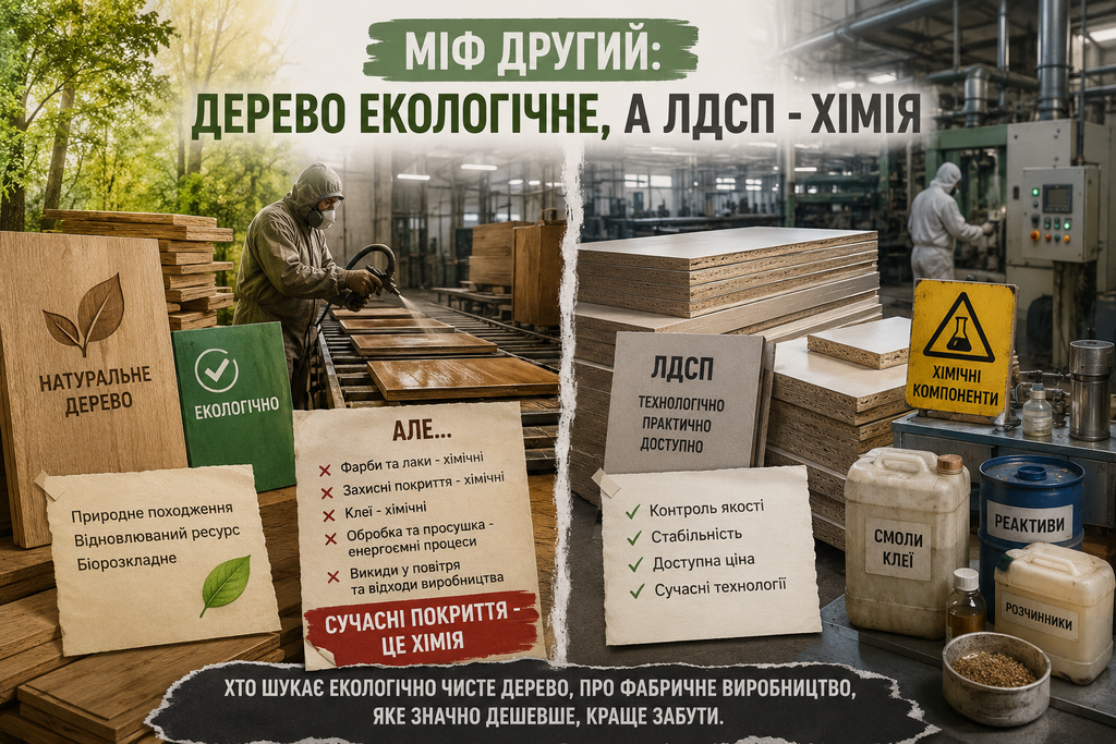 Міф про екологічність масиву дерева — виробництво меблів, хімічні покриття та обробка деревини на фабриці