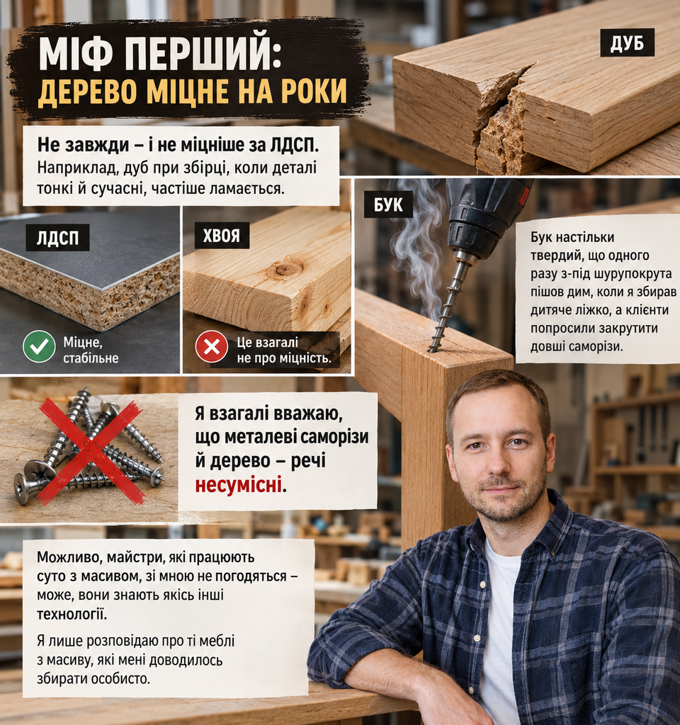 Міф про міцність масиву дерева — порівняння дуба, бука та хвої, майстер меблів збирає дитяче ліжко
