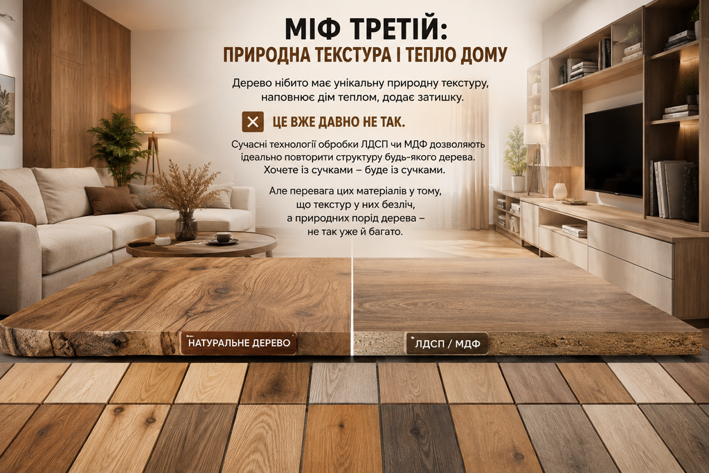 Міф про природну текстуру дерева — порівняння натурального масиву та ЛДСП/МДФ у вітальні